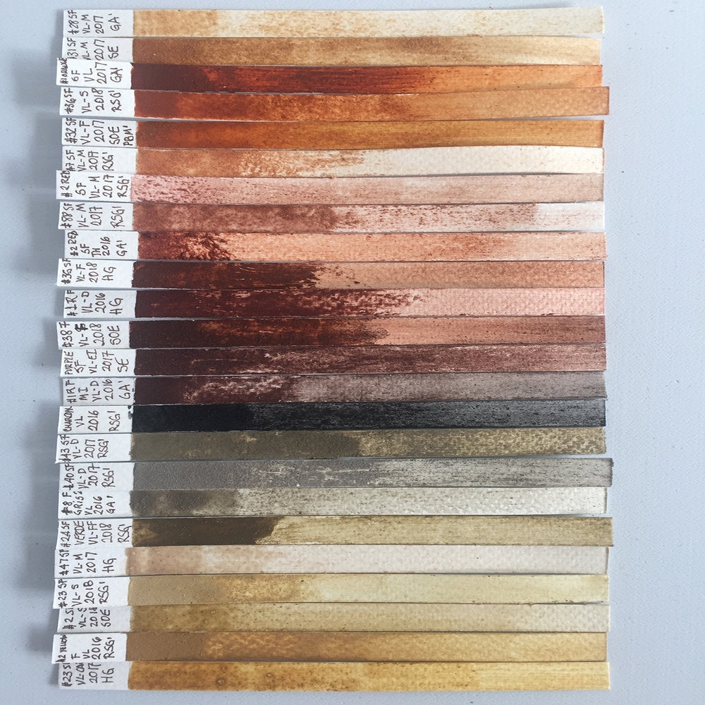 A beautiful rainbow of color swatches shoing that varying colors of natural harvested pigments by Catalina Christensen