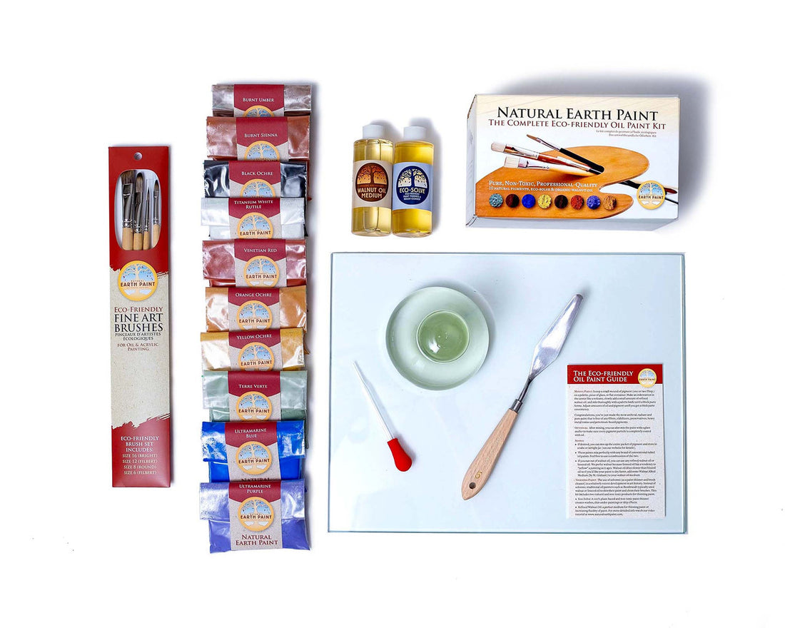 Components of the Deluxe Natural Oil Paint Mixing Set including glass palette, palette knife, glass muller, glass dropper, four fine art brushes and the  Eco-Friendly Oil Paint Kit including ten pigment packets, walnut oil, eco-solve and instruction booklet