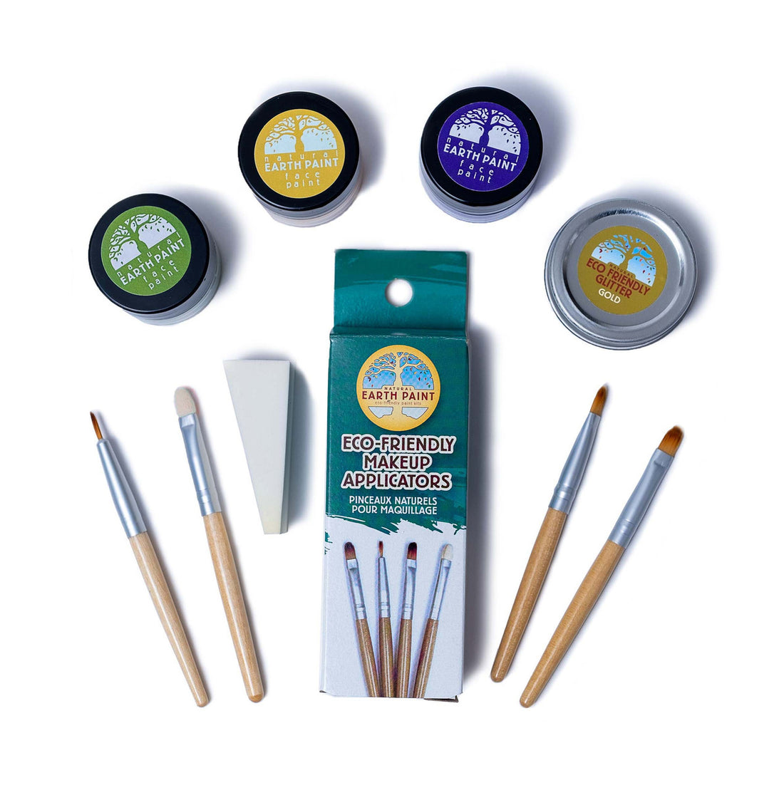 Components of the Mardi Gras Face Paint & Eco Glitter Set including three face paint colors, gold glitter, four makeup applicators and a makeup sponge