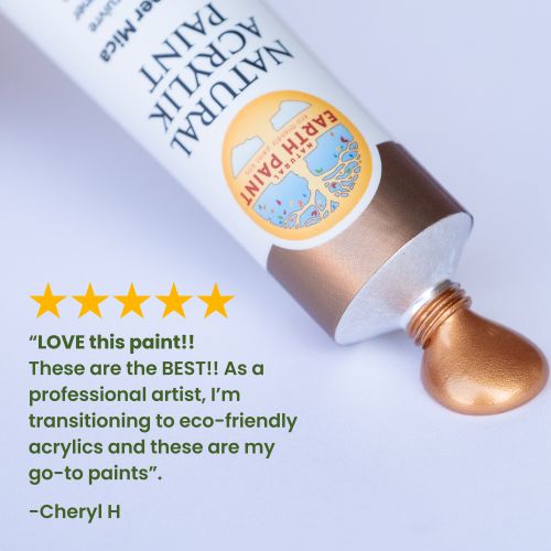 written review and product photo of copper natural acrylic paint tube and wet paint
