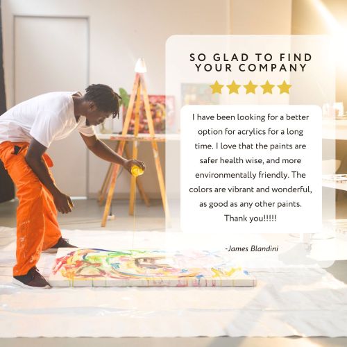 written review and photo of man pouring yellow paint on canvas