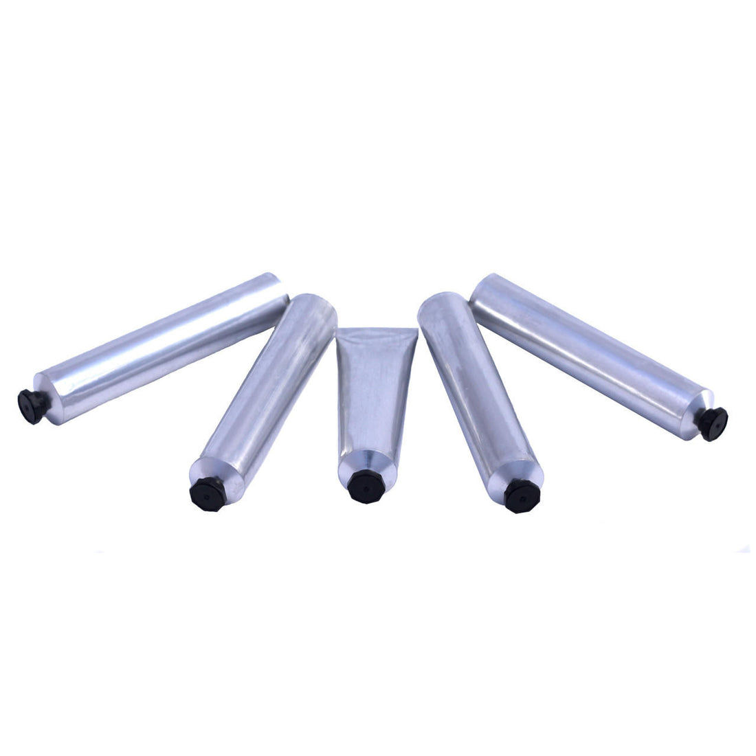 Five empty aluminum paint tubes on a white background