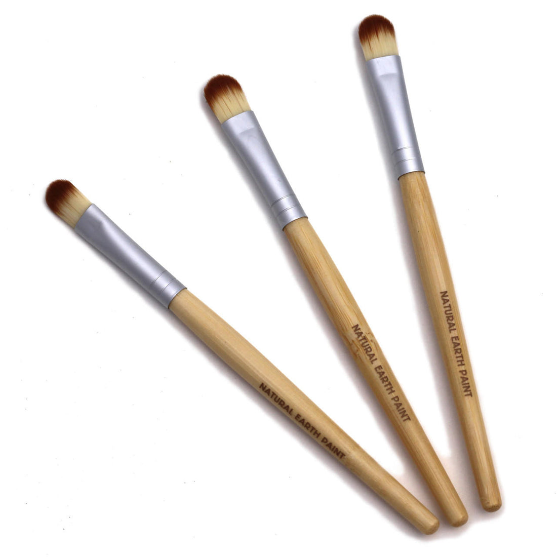 Three branded bamboo paint brushes on a white background