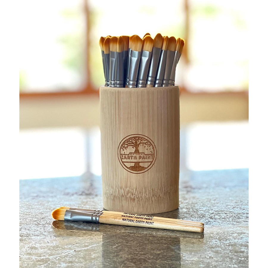 Thirty Bamboo Paint Brushes in a branded bamboo cup