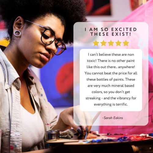 written review and photo of woman in glasses mixing paints on pallet