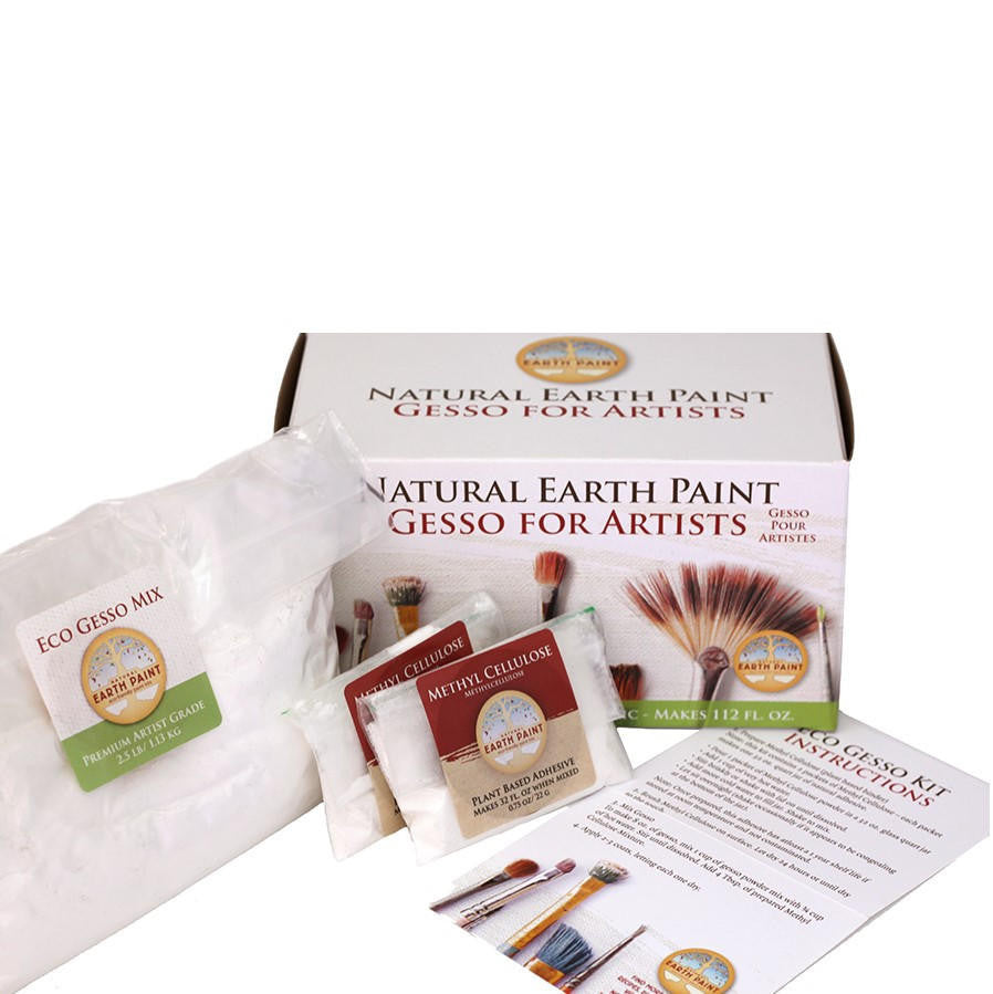 Components of the Eco Gesso Kit including the box, Gesso Mix, Methyl Cellulose and instruction booklet