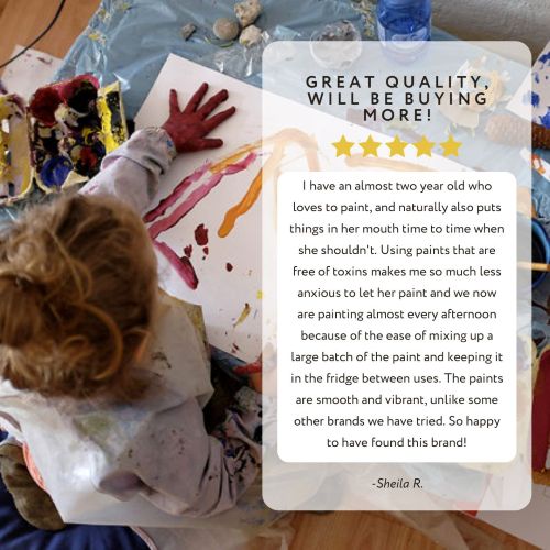 written review and young child hand painting on paper