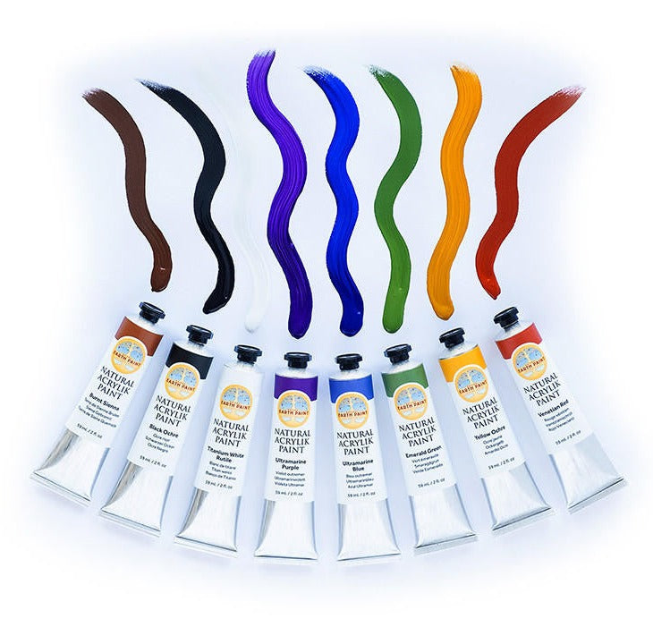 Tubes of all eight colors of the Natural Acrylik Paint Earth Pigment Set showing streaks of paint for each color
