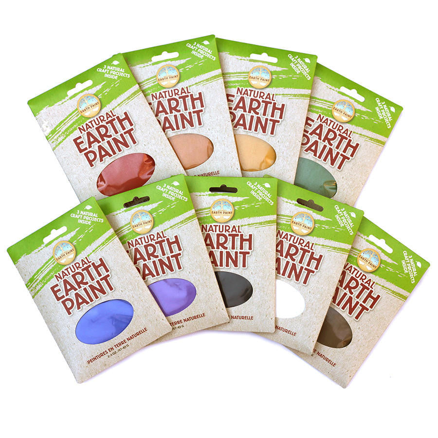 Display of all nine Natural Earth Paint packets; red, orange, yellow, green, blue, purple, black, white and brown