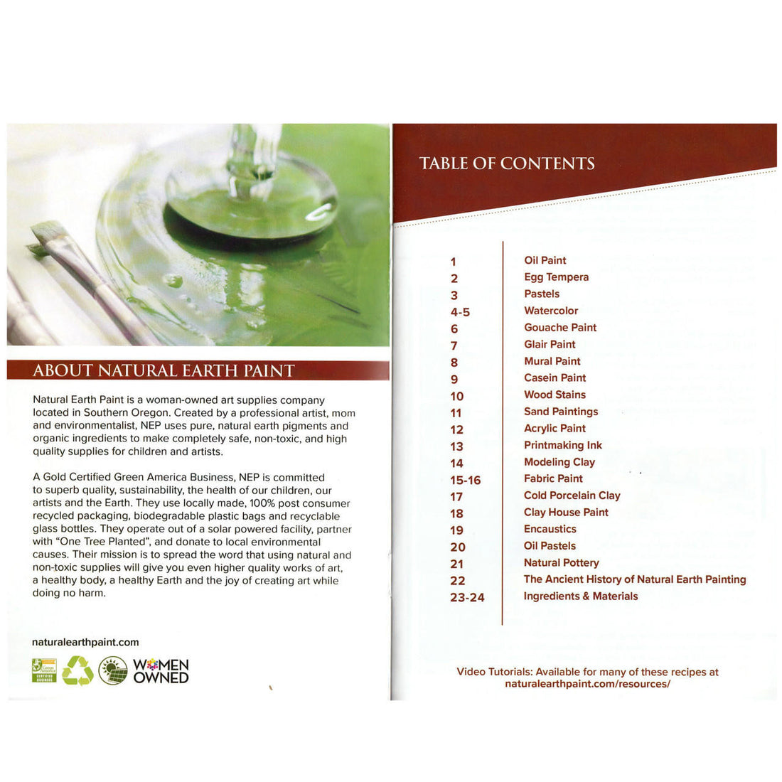 Natural Earth Paint information page and table of contents of the Recipe Booklet