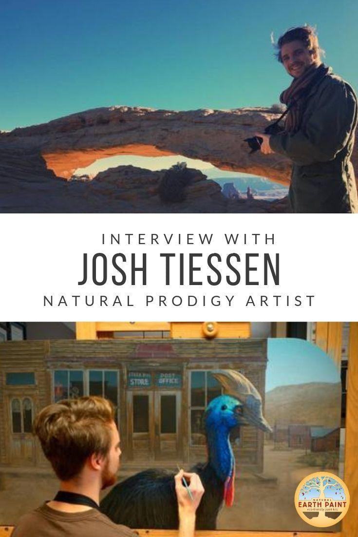 2 images of the artist Josh Tiessen - one of them painting in their studio and the other of them outside in the wilderness holding a camera. In between the two images are the words: 