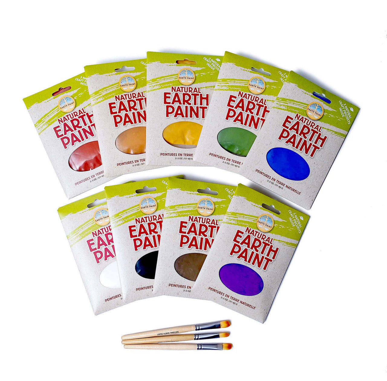 Components of the Complete Natural Earth Paint Set including nine packets of paint and three paint brushes