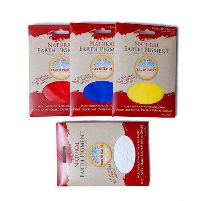 Showing the three ounce packets of the four colors included in the Primary Pigment Set; Scarlet Red, Ultramarine Blue, Brilliant Yellow and Titanium White