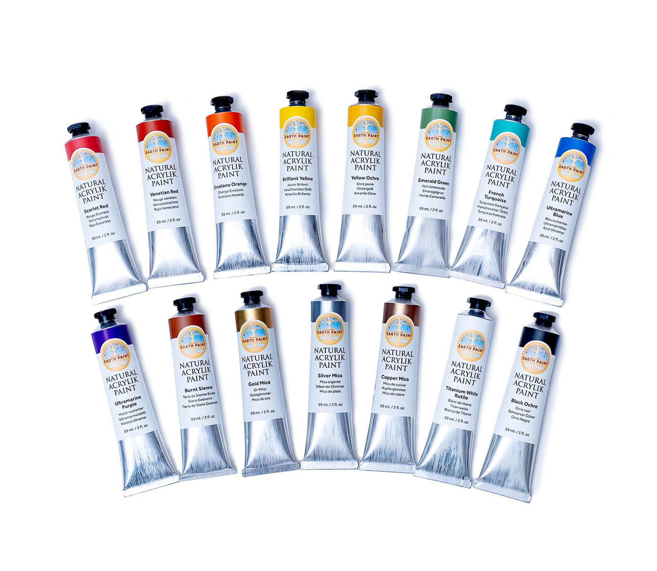 Components of the Complete Natural Acrylik Paint Set including all fifteen colors of acrylic paint tubes