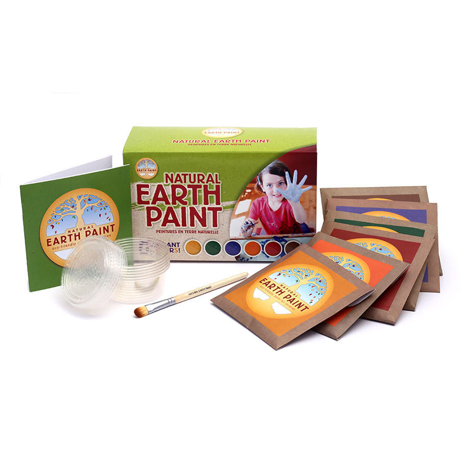 Components of the Natural Earth Paint Kit including the box, six color packets, six plastic cups with lids, a paint brush and the instruction booklet