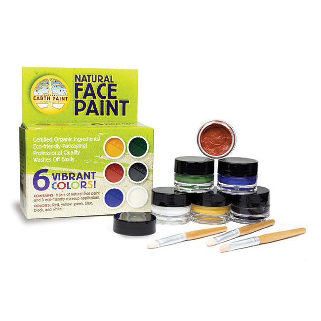 Components of the Natural Face Paint Kit including the box, six small jars of face paint and three applicator brushes 