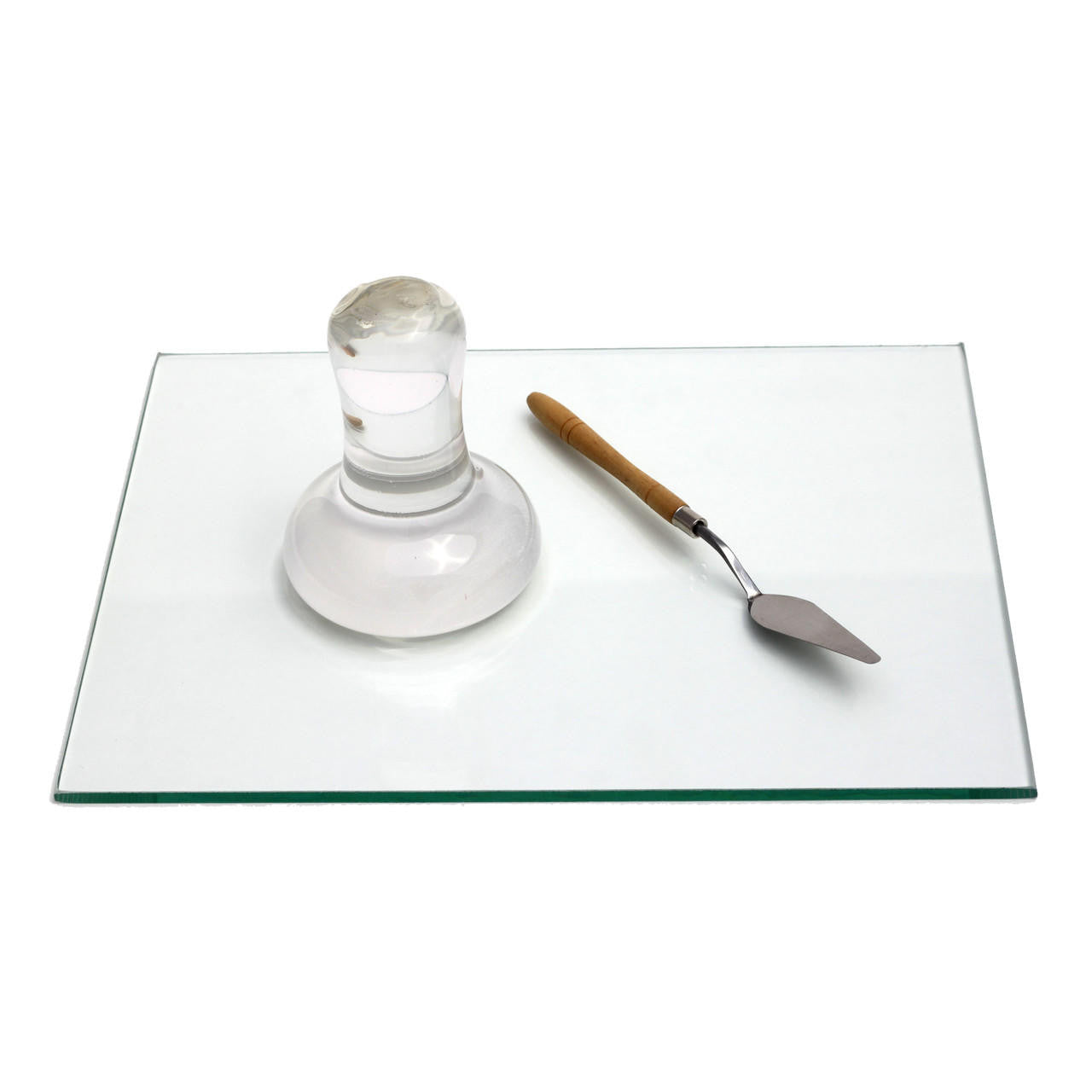 Components of the Paint Mixing Tools Kit including glass palette, glass muller and palette knife