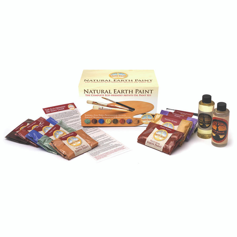 Components of the Complete Eco-friendly Oil Paint Kit including the box, ten color packets, four ounce bottle of walnut oil, four ounce bottle of Eco Solve and instruction sheet